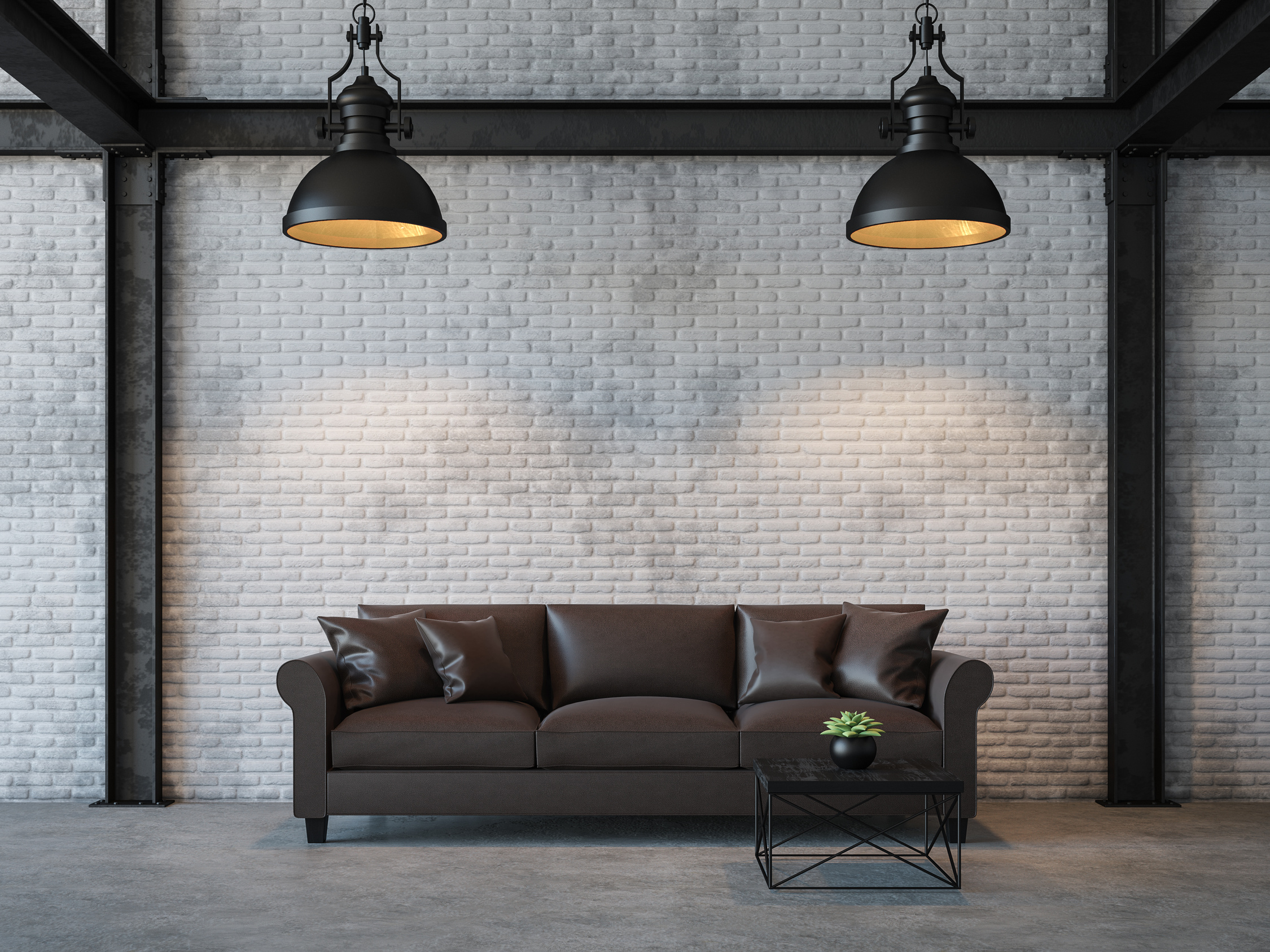 Loft style living room with white brick wall 3d render